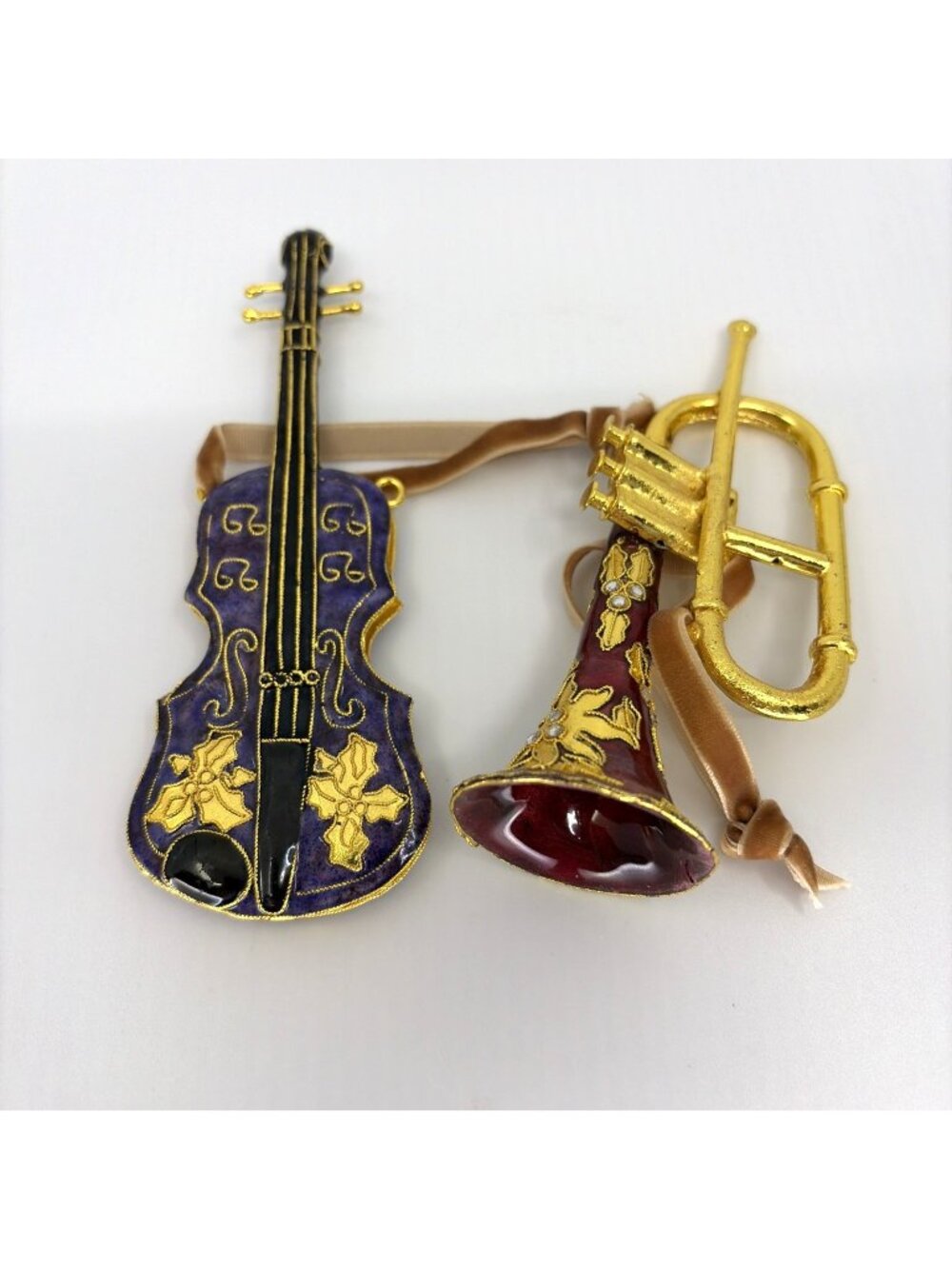 Brass Enamel Musical Instrument Christmas Ornaments Violin Trumpet Jeweled Pair